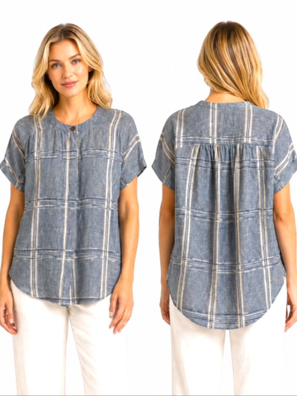 Poetry 100% Linen Plaid Shirt Women's Blue Short Sleeve Top Size 8 Relaxed Chic